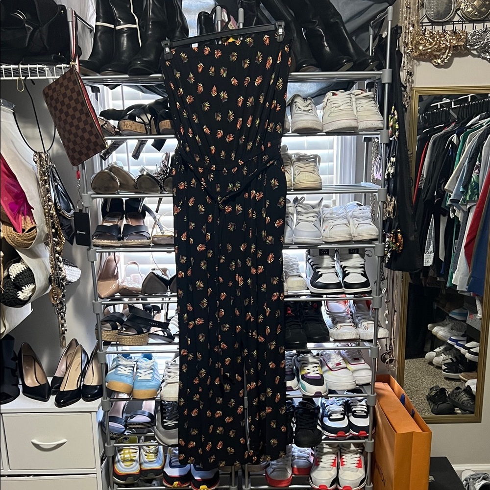 Sears Black Strapless Floral Tie-Waist Wide-Leg Jumpsuit